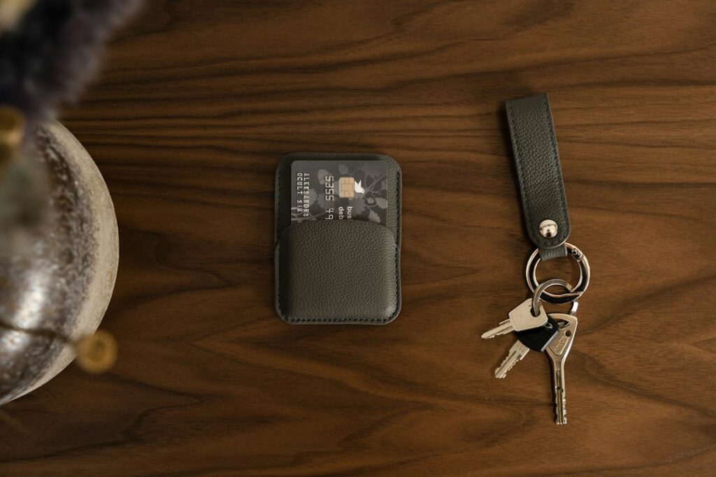 Grey leather card holder with matching keychain